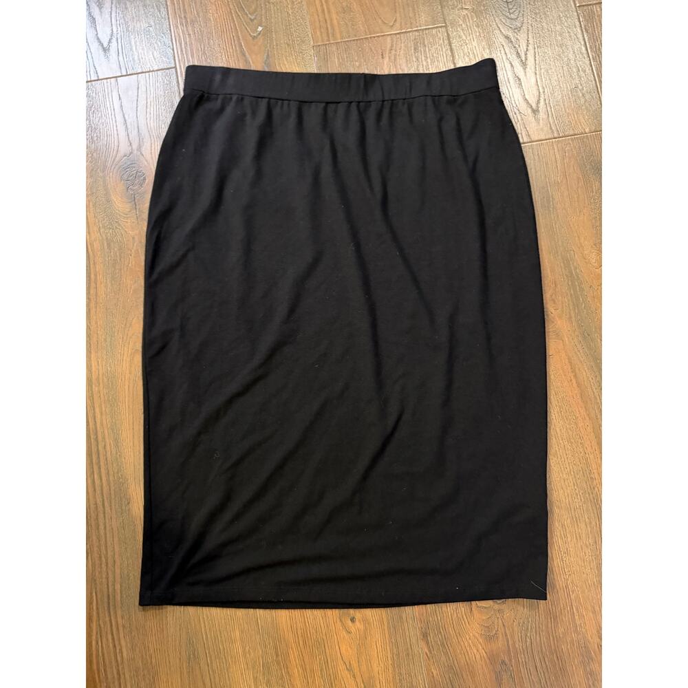 Eileen Fisher Black Midi Skirt Size L Elastic Waist Minimalist Pull-On Classic